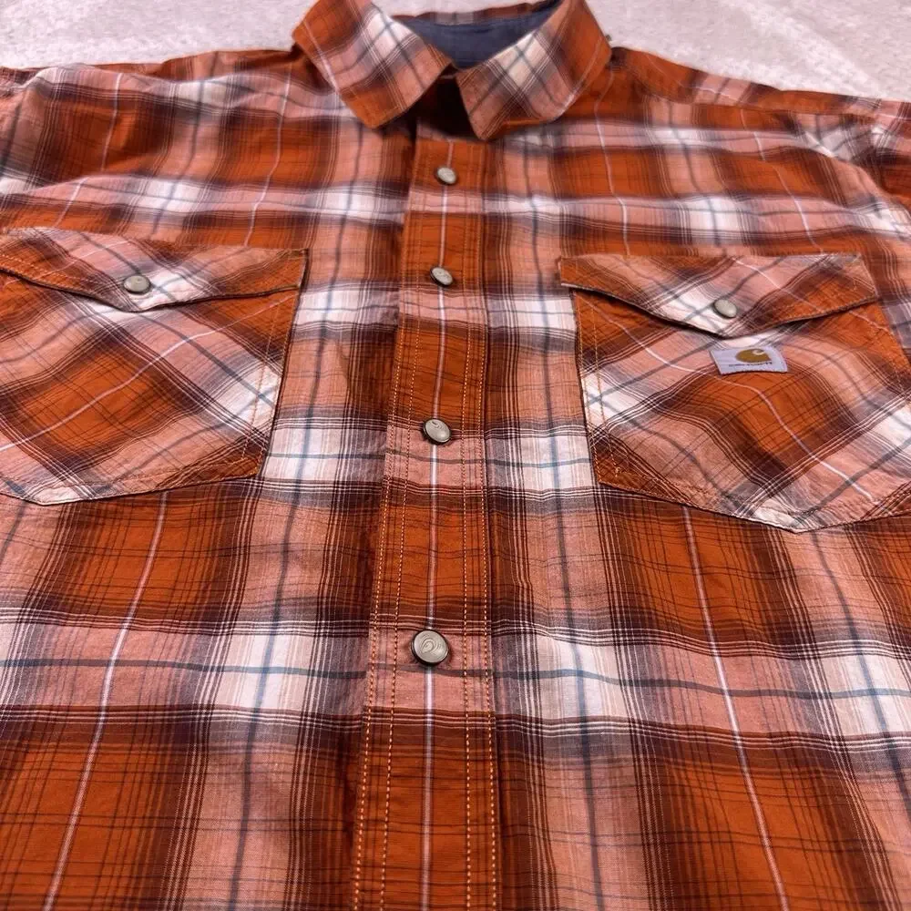 Carhartt Men’s‎ XL Pearl Snap Orange Plaid Relaxed Fit Rugged Flex